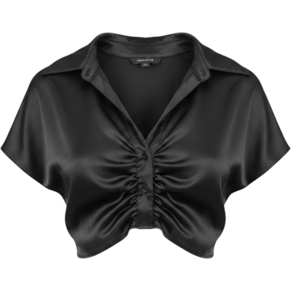 Forever 21 Black Satin Ruched Cropped Blouse Short Sleeve High Neck Top Medium